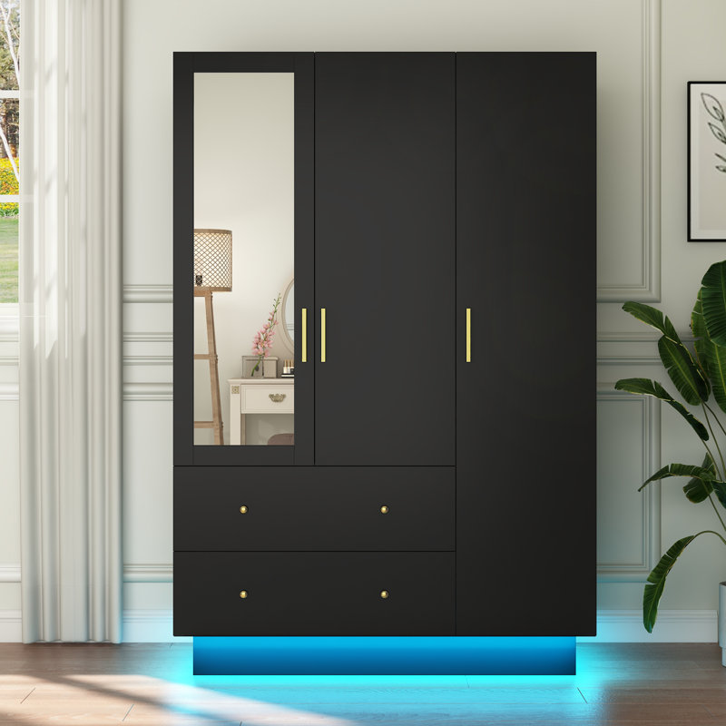 Armoire 3 portes avec 2 tiroirs et tablettes et lumières DEL, Noir