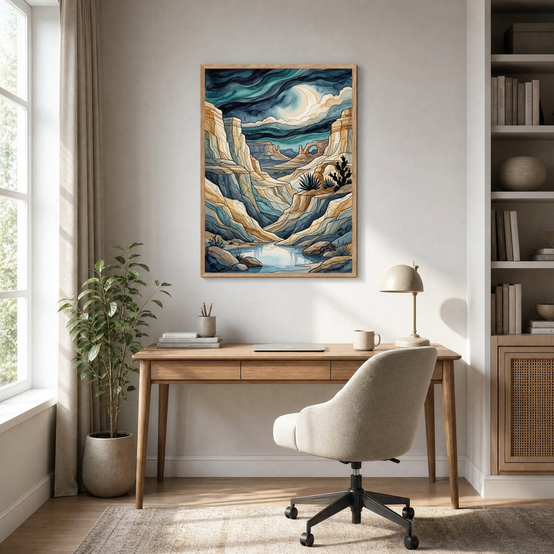 Tableau sur toile représentant un canyon à plusieurs niveaux avec croissant de lune et arche de pierre, H 48 po x l 32 po