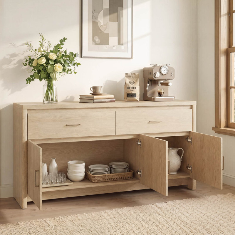 Modern 59" Buffet Table With Metal Handles, Oak