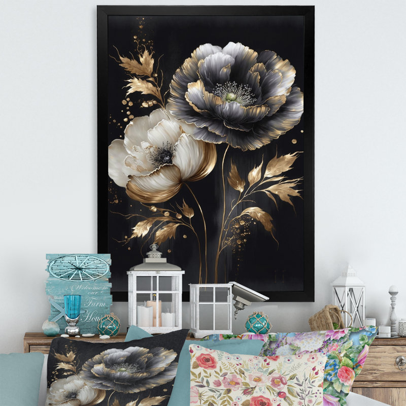 Grey Gold Flower Bouquet IV " Grey Gold Flower Bouquet IV ", Black Picture Framed Canvas, 40" H x 30" W x 1.5" D