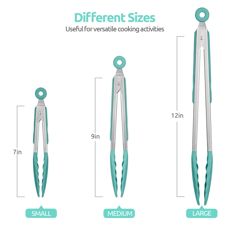 U-Taste 600ºF Heat-Resistant Silicone Kitchen Tongs: 7+9+12 Inch Heat Resistant Cooking Tong Set, Aqua Sky