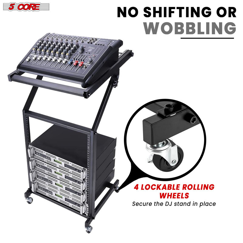 5 Core 12U Professional Audio Rack Mount DJ Mixer Stand Studio Adjustable Table Cart with Wheels