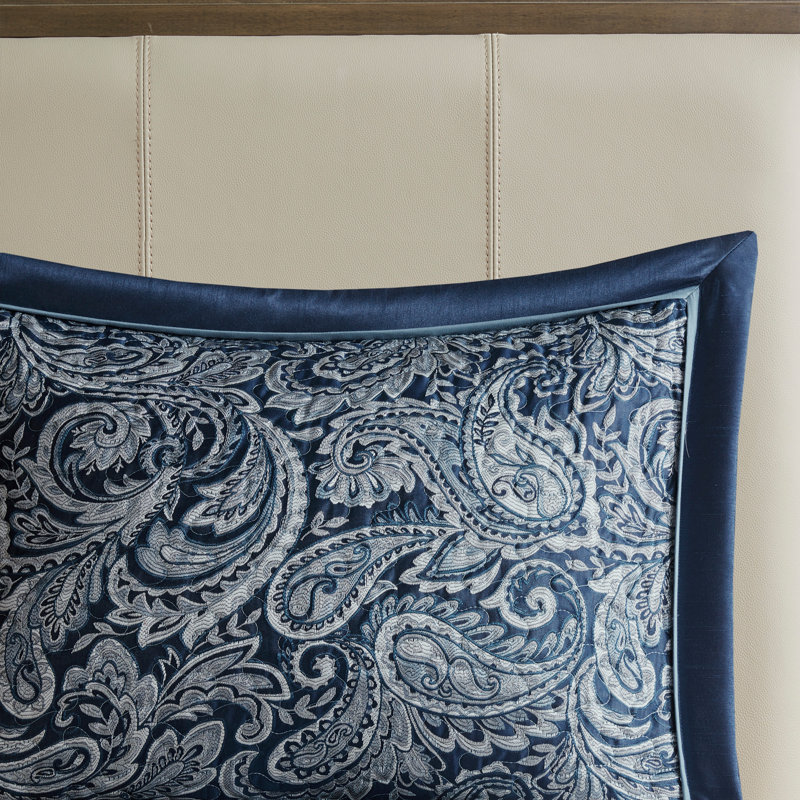 Ensemble de couvre-lit 5 pièces en jacquard avec coussins décoratifs bleu marine