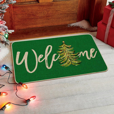 Paillasson vert, arbre de Noël, paillasson de bienvenue, tapis de porte à profil bas pour intérieur et extérieur 17 x 29 po