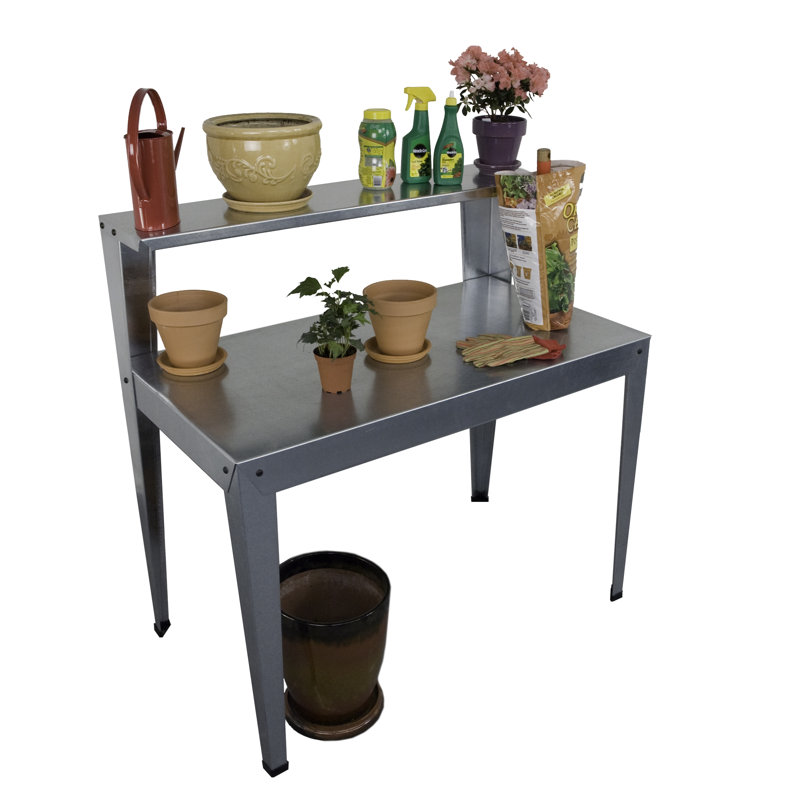 Galvanized Steel Potting Bench with Upper Shelf
