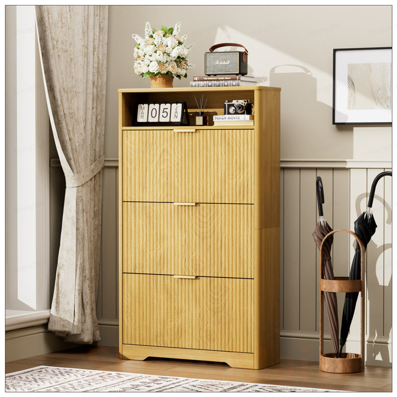 Grande armoire à chaussures autoportante avec 3 tiroirs rabattables, amplement de rangement pour l'entrée et le couloir, design minimaliste moderne.
