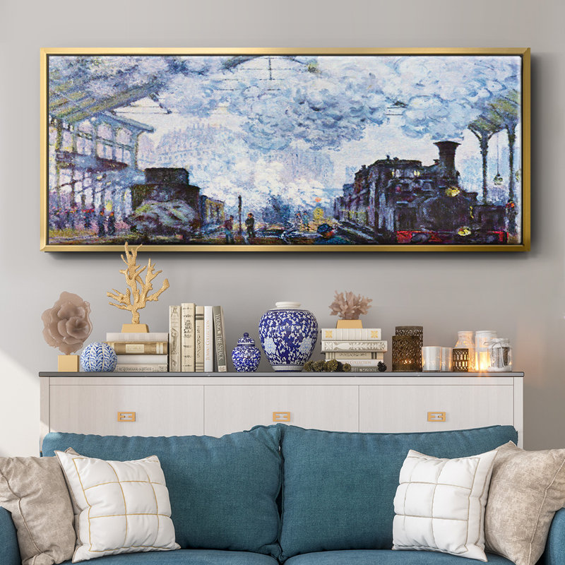 «Saint Lazare station in Paris», arrivée d'un train par Monet - toile encadrée, H 20 po x l 50 po
