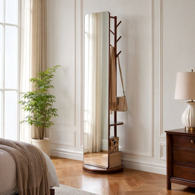 Solid Wood Swivel Full Length Floor Mirror with Coat Rack, Freestanding Mirror Stand for Bedroom Living Room Cloakroom,Walnut