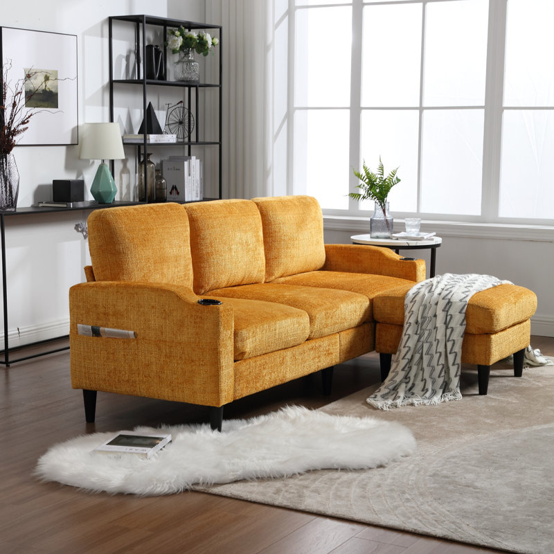 3 Chenille Sectional In Yellow, With Storage For Living Room Organization And Comfort , Soft Fabric, Yellow Chenille