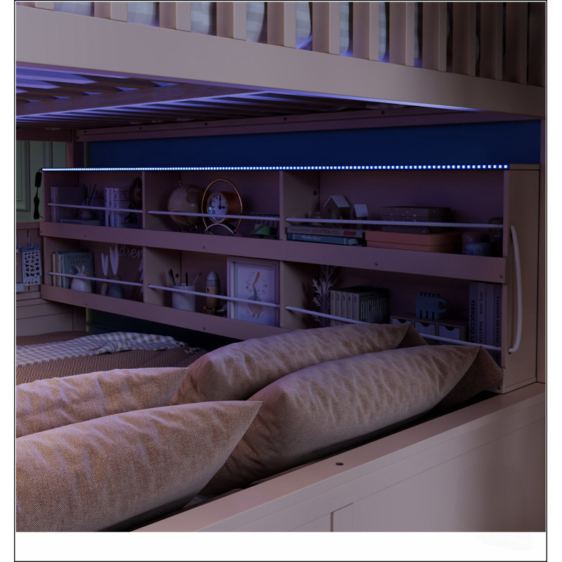 Lit superposé double XL/queen avec étagères intégrées, lumières à couleurs changeantes et panneau perforé pour un style de vie moderne