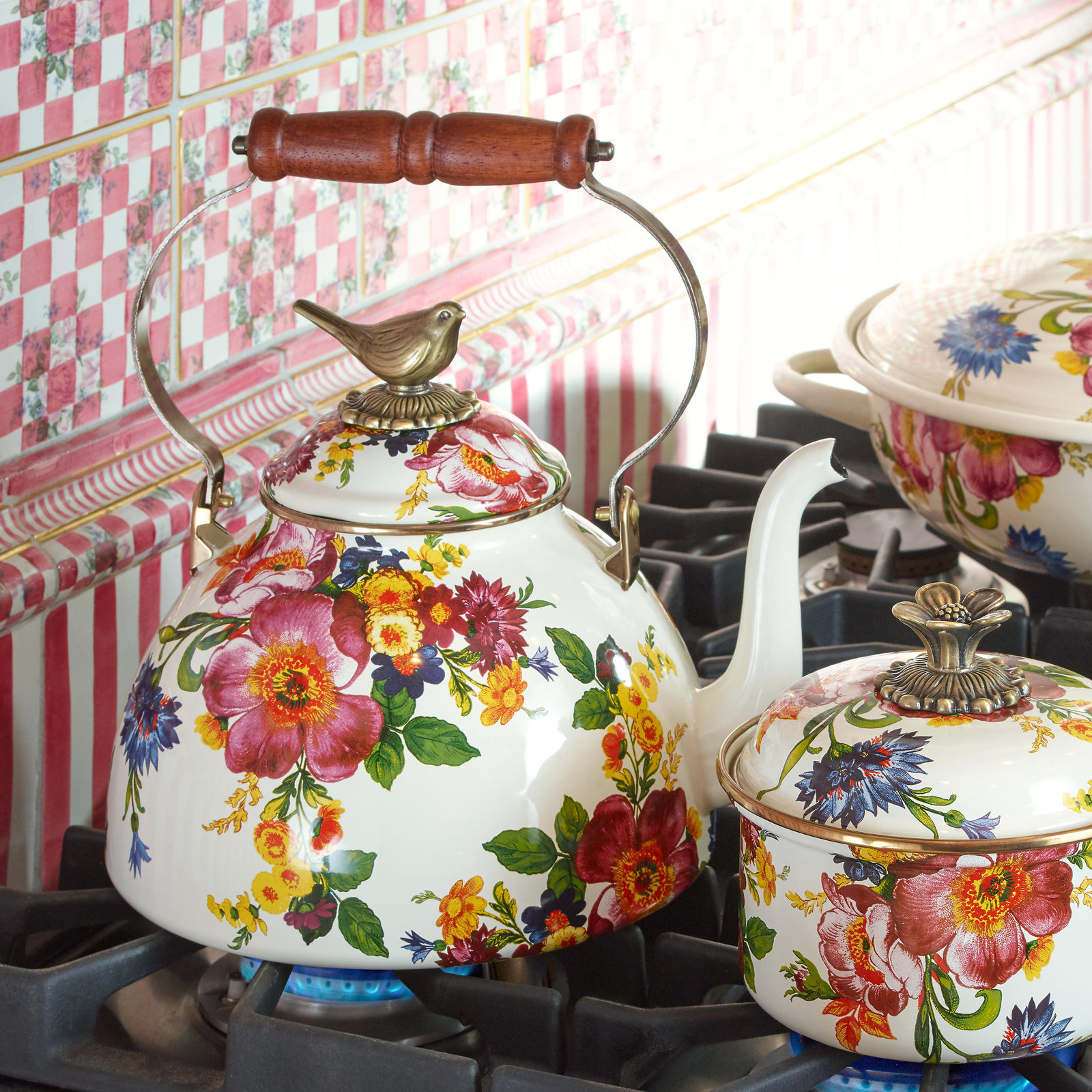 MacKenzie Childs Flower Market 3 Quart Tea Kettle with Bird