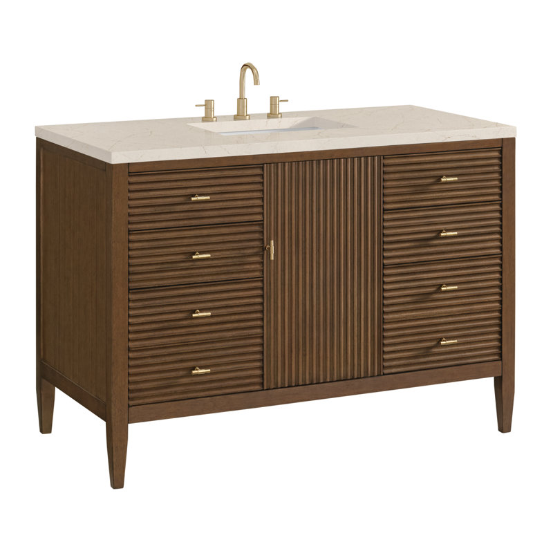 Myrrin 48'' W Single Vanity, Mid-Century Walnut, Carrara White, 8" Widespread