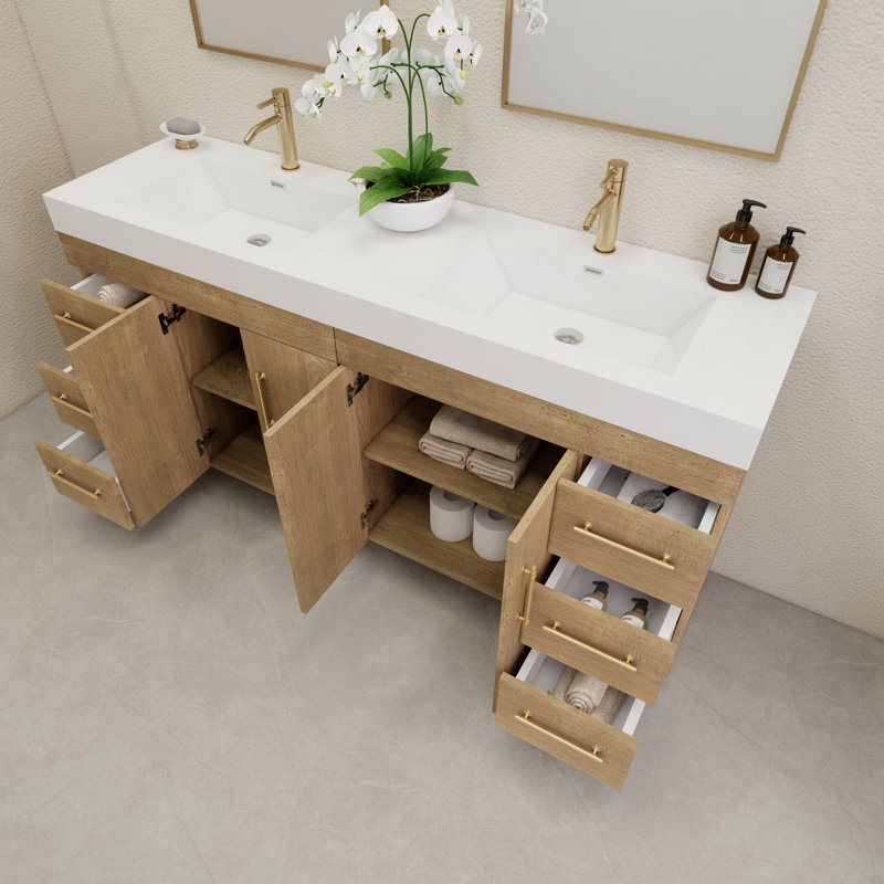 Ensemble de meuble-lavabo double 72 po avec tiroirs et portes, Chêne