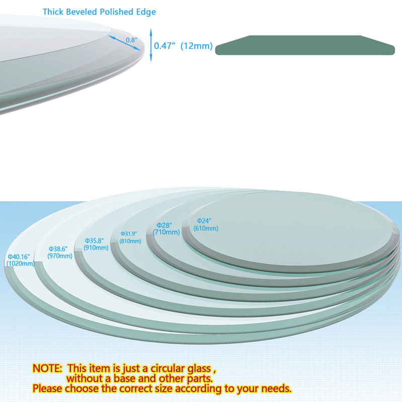 Plateau de table circulaire en verre, H 0,47 po x L 24 po x l 24 po