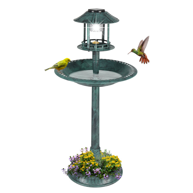 Green Plastic Birdbath with Solar Light and Stand
