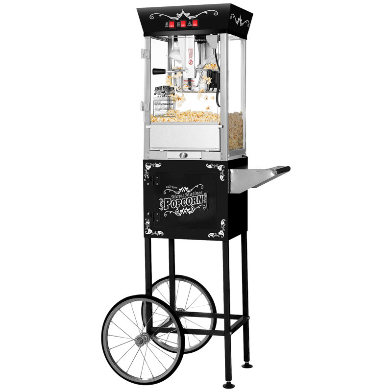 Machine à maïs soufflé avec chariot Matinee 8 oz avec bouilloire en acier inoxydable, lumière chauffante et accessoires par Great Northern Popcorn (noir)