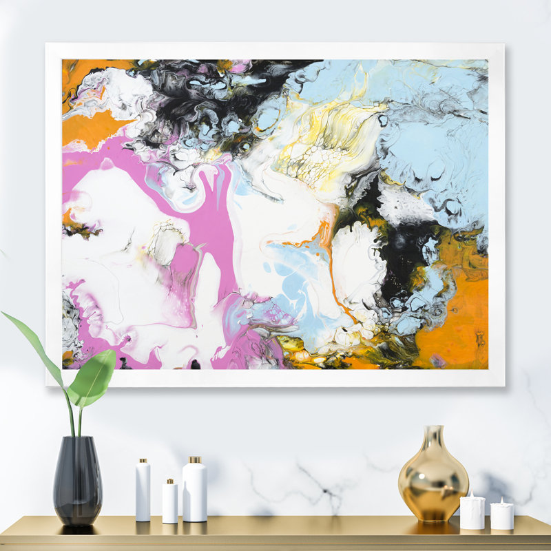 Rose, orange, blanc et bleu clair abstrait - peinture sur toile, Cadre de coin blanc fermé, H 16 po x l 32 po x P 1 po