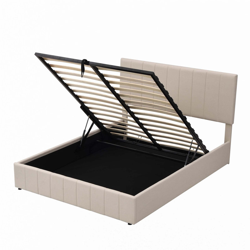 Lit plateforme tapissier avec système de rangement hydraulique, Grand, Beige
