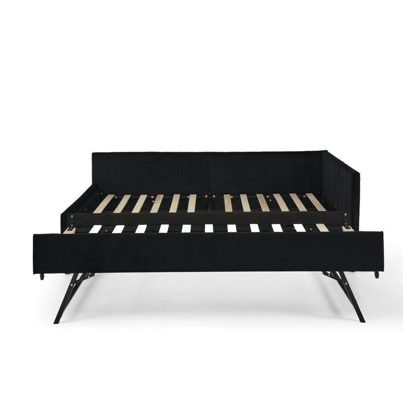 Black Velvet Full Size Upholstered Bed With Trundle, Comfortable Back And , Vertical Stripe Design, Great For Office Living Room, Easy Assembly, Eucalyptus Frame Daybed In Pattern A Contemporary