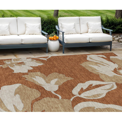 Tapis extérieur lavable floral 8 pi x 10 pi en terre cuite et beige