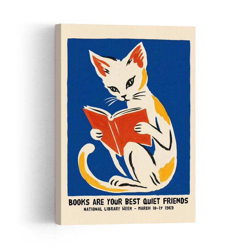 Chat silencieux lisant un livre, style rétro vintage, avec une illustration murale représentant un chat et une architecture.
