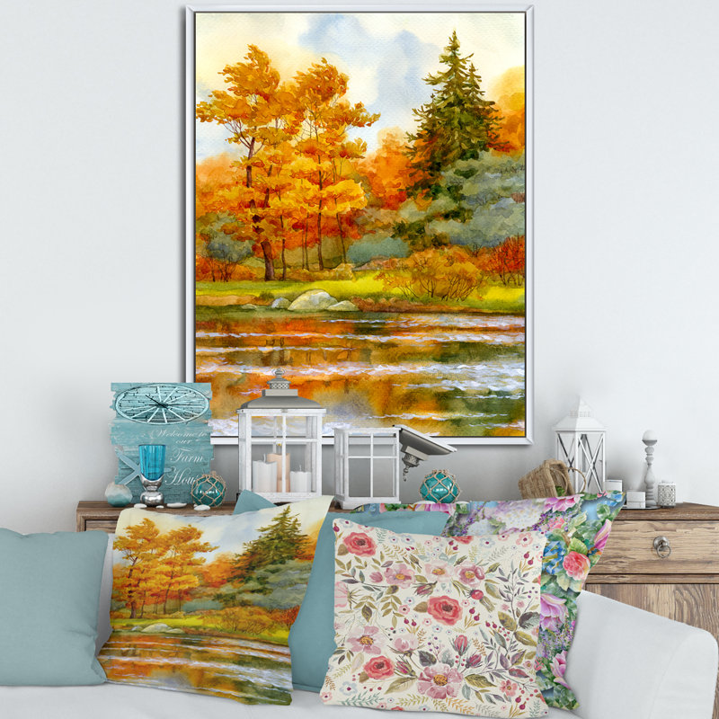 Forêt automnale au bord du lac III - Peinture sur toile, H 32 po x l 16 po x P 1 po, Toile blanche encadrée