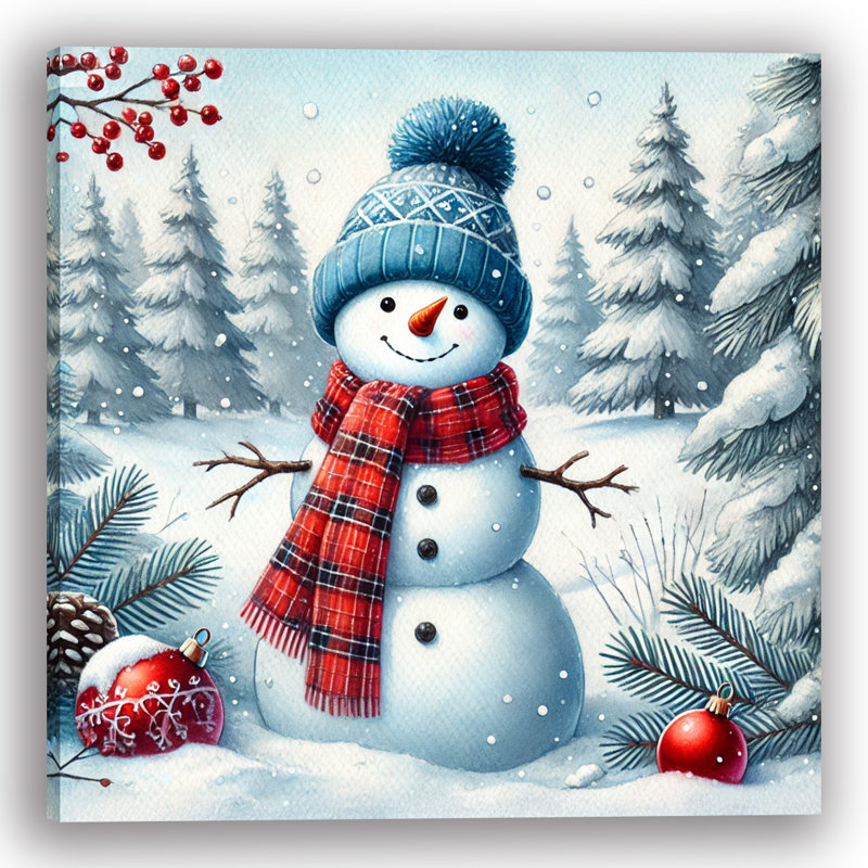 «Cheerful Winter Snowman: Cozy Snowscape», art sur toile, H 12 po x l 12 po x P 1 po