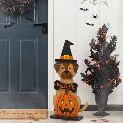 Décoration de porche de chien d'Halloween illuminé en bois 30 "avec minuterie (KD)