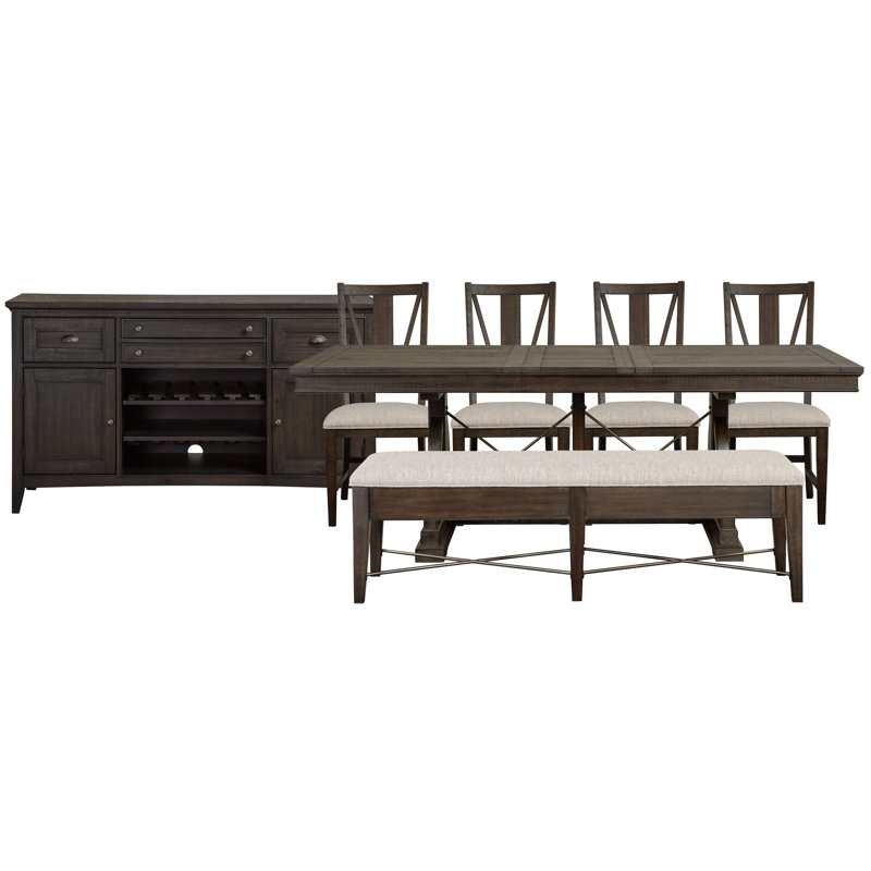 Extendable Trestle Dining Table With 4 Side Chairs Upholstered Bench And Buffet, 7 Pieces: Table, Buffet, Bench, 4 Chairs