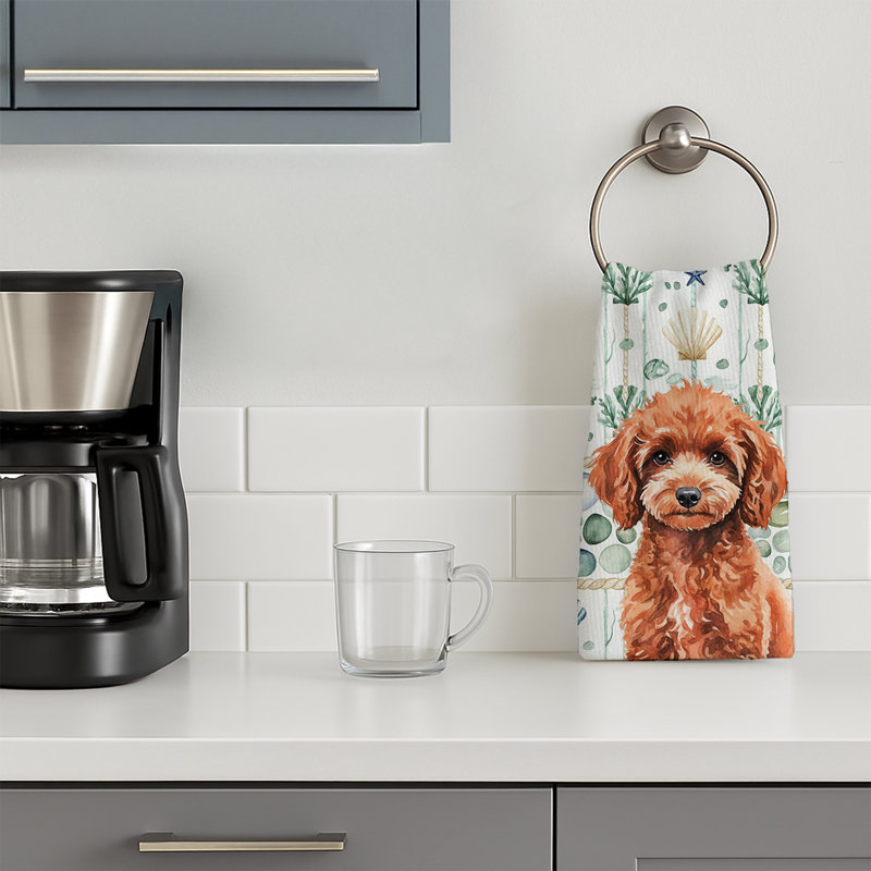 Miniature Red Poodle Coastal Sea Glass Kitchen Towel, Miniature Red Poodle