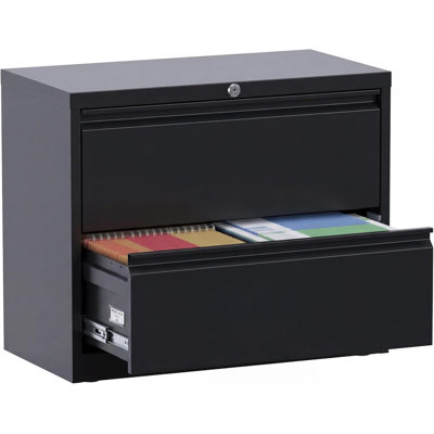 2-Drawer Horizontal Metal File Cabinet with Lock, Black Cold Rolled Steel, Compact Office Storage