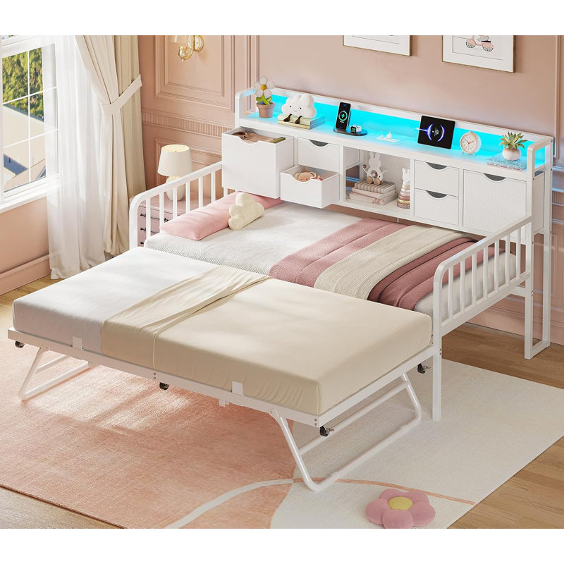 Daybed With Trundle, Twin Day Bed With Storage Headboard & Charging Station, Height Adjustable Metal Trundle Bed Twin, Sofa Bed Frame For Living Room
