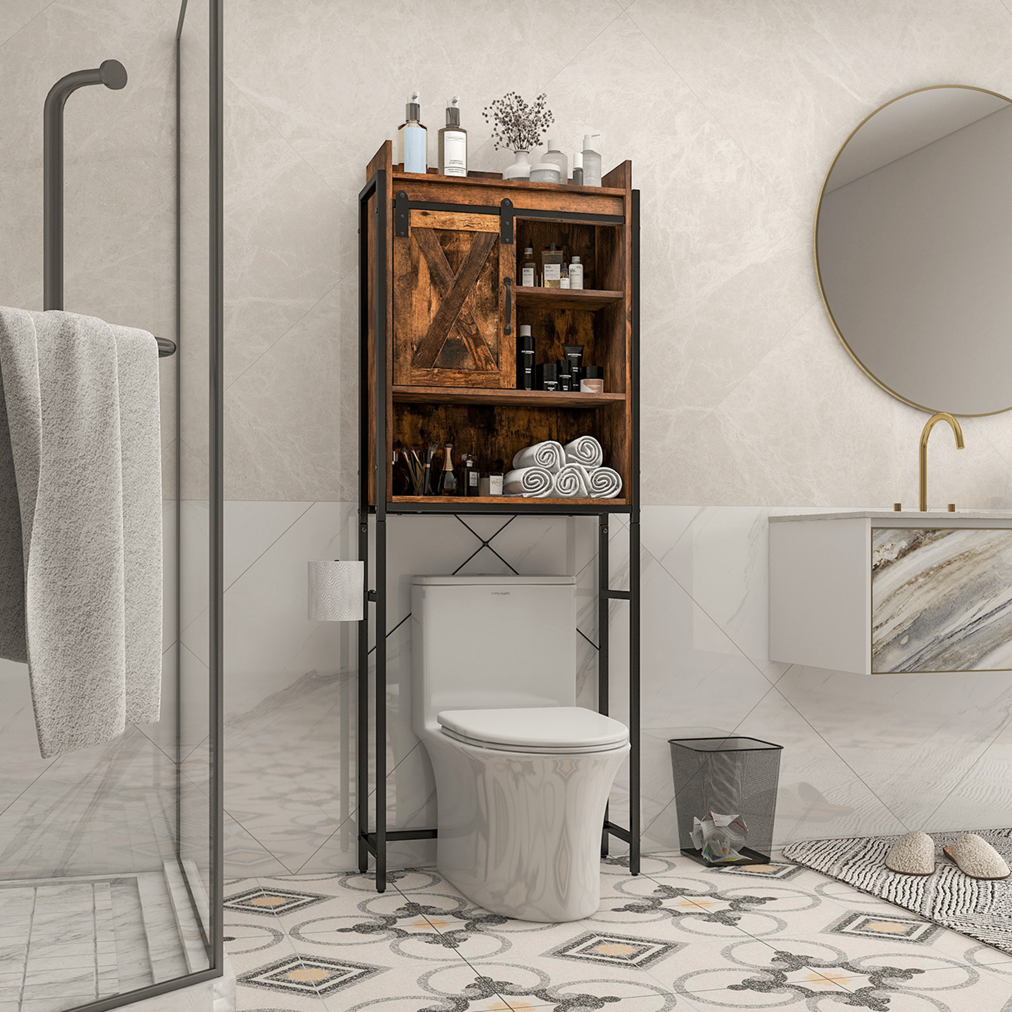 17 Stories Latitude Run® Over-the-toilet Storage Cabinet Bathroom Organizer W/ Sliding Barn Door Espresso & Reviews | Wayfair