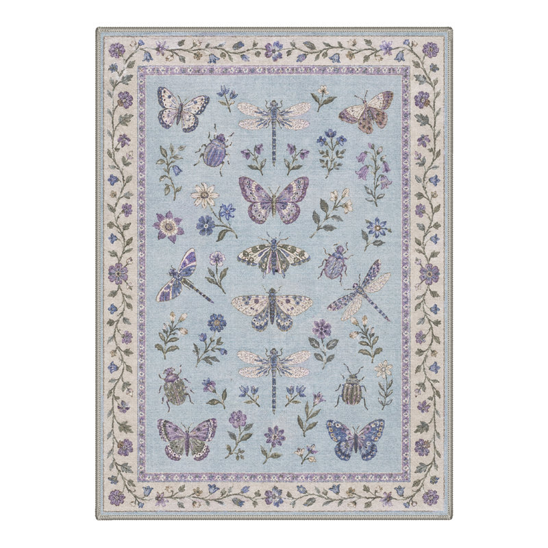 Tapis floral bleu / lavande / ivoire lavable à la machine avec envers antidérapant, Rectangle 5' x 7'