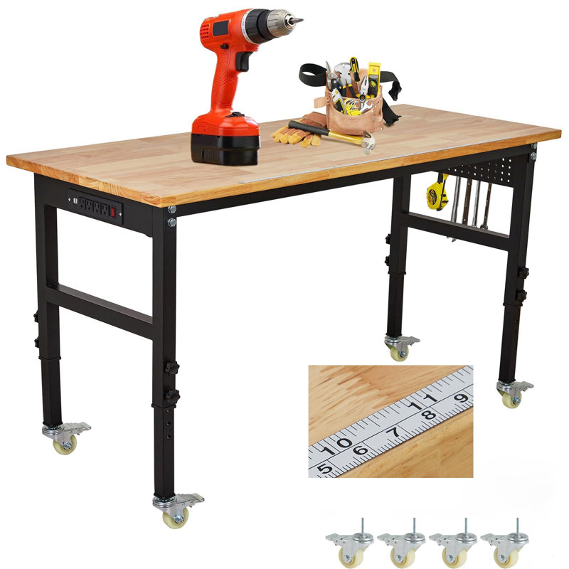 Établi réglable avec prise de courant, panneau perforé, échelle et roues, table portative robuste pour garage, atelier, maison