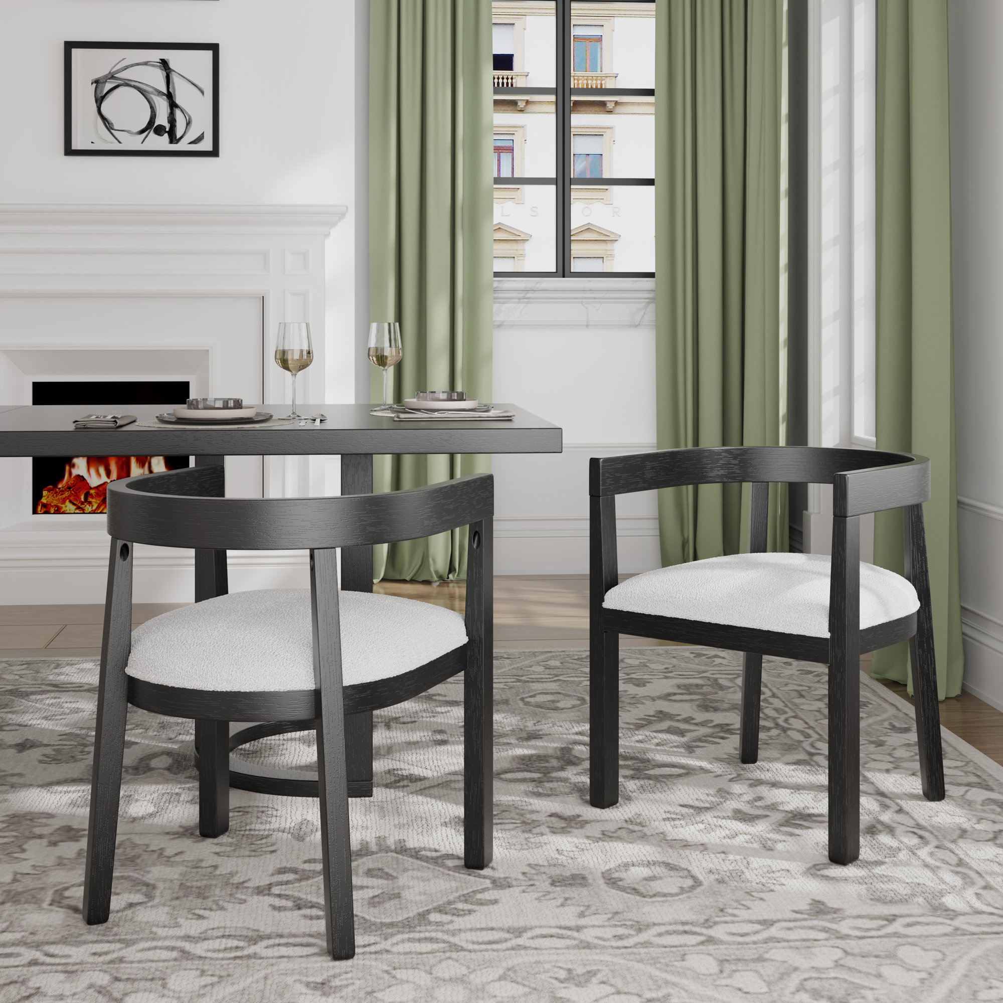 Daney Barrel Back Dining Chair, Black, Beige Chenille