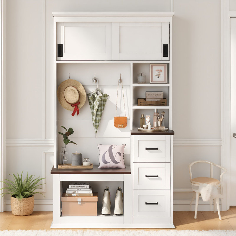 Arbre d'entrée moderne en bois et blanc avec banc - organisateur de rangement d'entrée 5 en 1