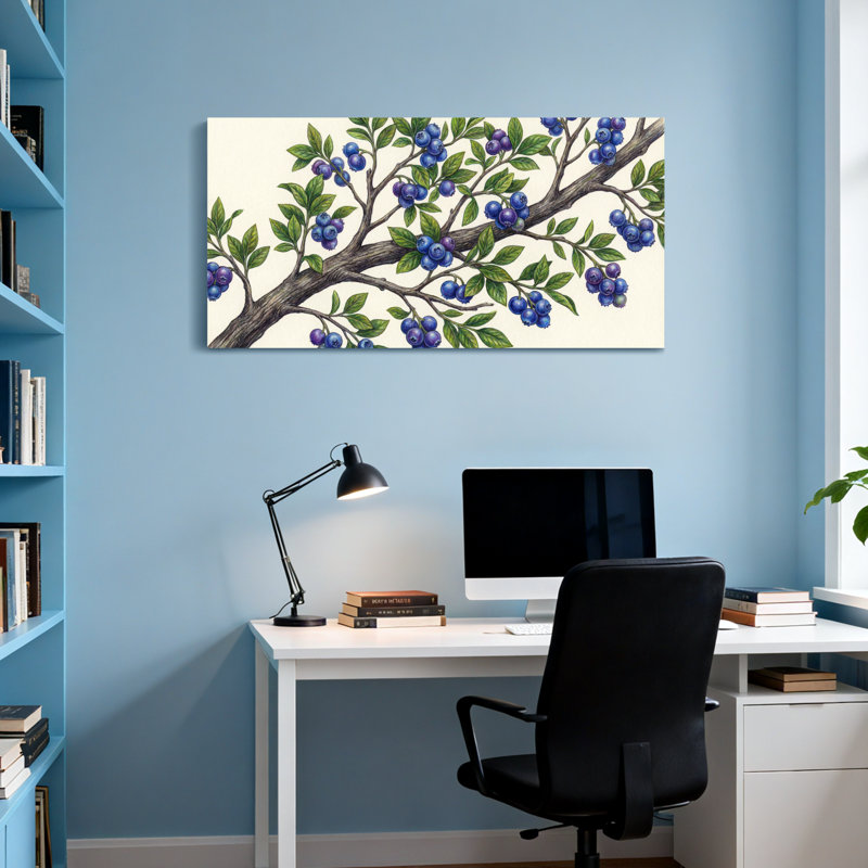 Plantes et fleurs - branche de bleuet avec feuilles vertes et baies mauves, H 16 po x l 32 po