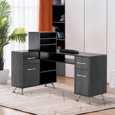 Bureau clouté en L avec plusieurs tiroirs et armoire de rangement BarberPub