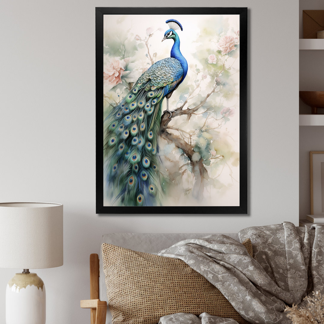 Baldassarre Blue Ink Wash Peacock II - Peacock Large Wall Art House of Hampton® 