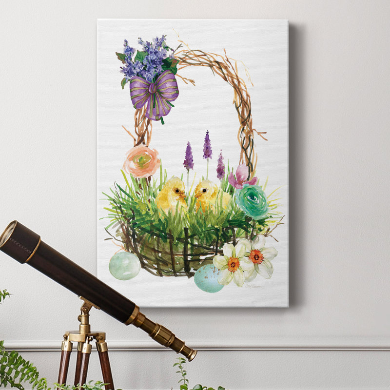 «Spring Chick Basket» - peinture sur toile tendue, H 36 po x l 24 po x P 1 po