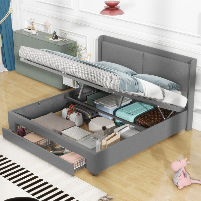Grand lit plateforme tapissier hydraulique avec 2 tiroirs, gris