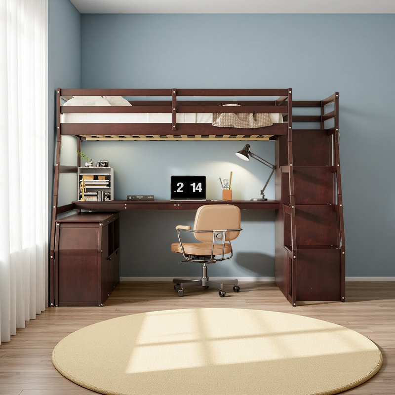 Lit mezzanine double avec 7 tiroirs, 2 tablettes et un bureau, Espresso