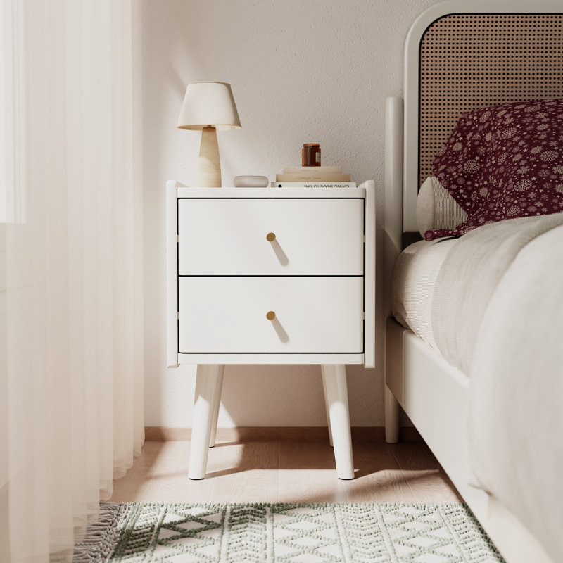 Table de chevet 2 tiroirs Mid-Century, Blanc, H 23,62 po x l 15,75 po x P 15,75 po