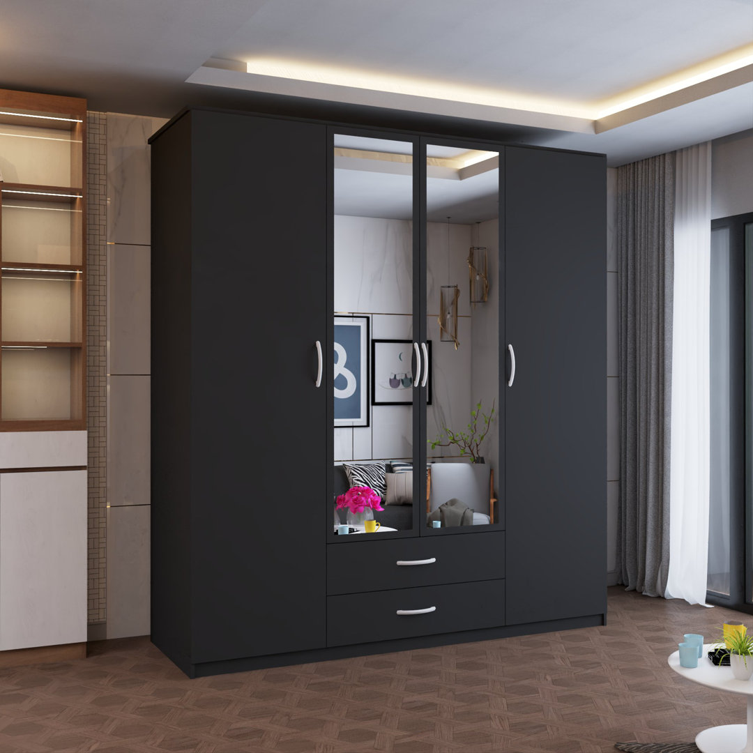 Modern 4 Door Hinged Wardrobe in Black/White/Oak  Size 171cm