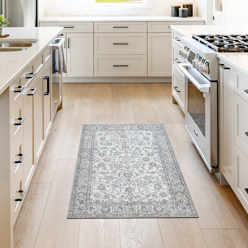 adamstown Emporia Lianne Machine Washable Traditional Border Indoor Area Rug, Ivory Gray Beige Non-Slip Chenille – Living Room & Bedroom