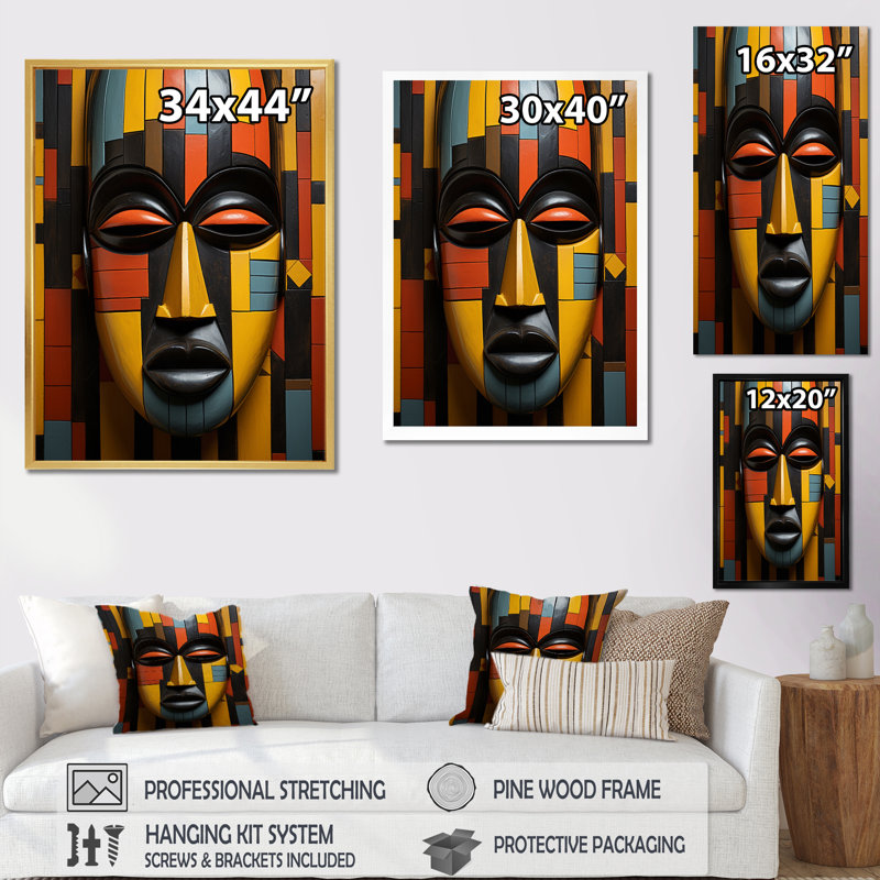 Bonneval, masque tribal africain Kente II - art mural tribal africain, Toile tendue, H 44 po x l 34 po, Sans cadre