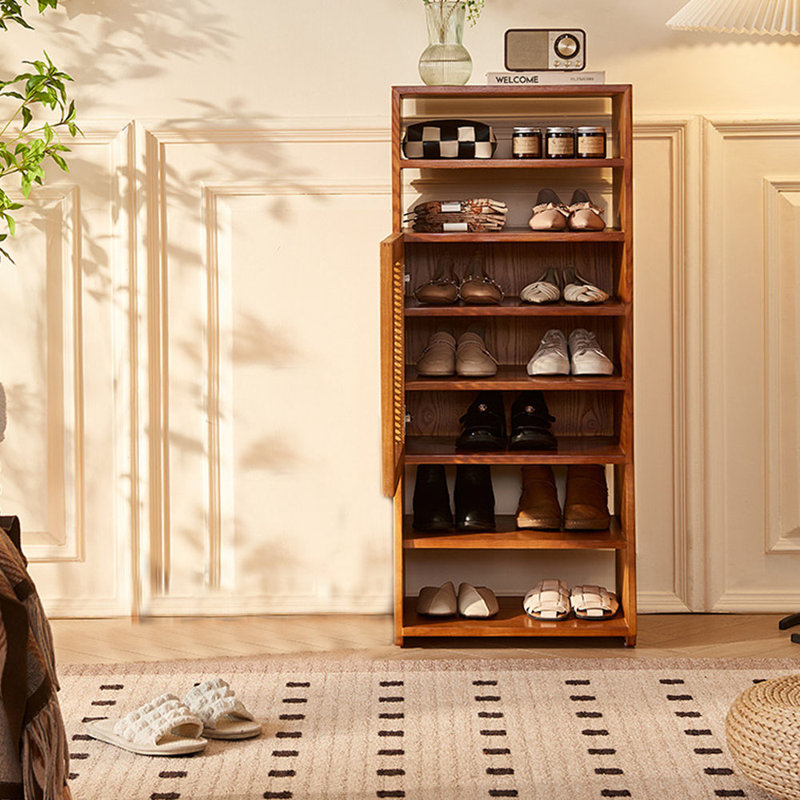 Rattan Wood Semi-Open Shoe Rack Storage Shelf 14 Pair Shoe Storage Cabinet