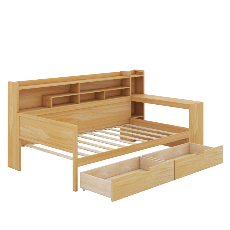 Lit de jour simple avec tablettes et tiroirs de rangement, Naturel