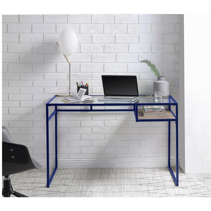 Bureau Yasin avec plateau en verre et finition bleue, Bleu